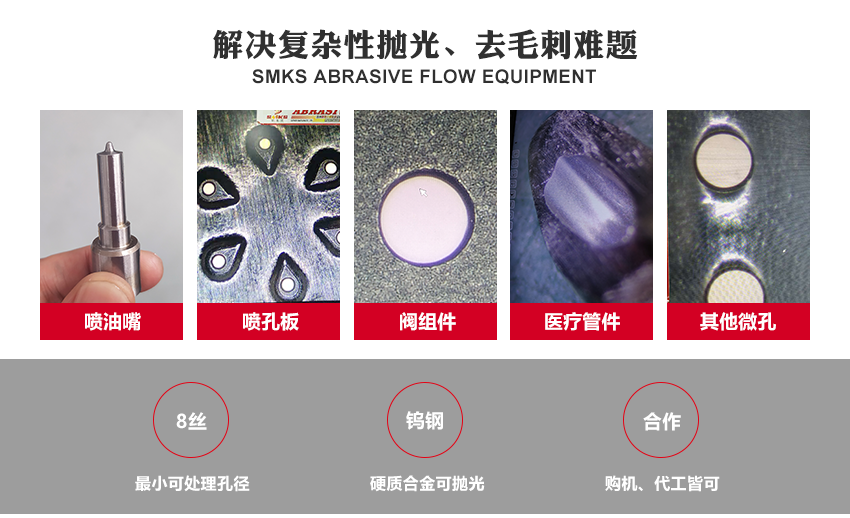 工藝原理 利用高分子彈性軟磨料，通過擠壓研磨的方式，將軟性磨料擠壓進入工件內孔或待拋光面，軟性磨料不斷流動，進行反復摩擦研磨，從而達到拋光去毛刺的目的。 磨粒流屬于物理研磨，不需要任何腐蝕性或對環境及人體有害的化學物質，安全環保！且在研磨過程中，工件被工裝保護，不會造成磕碰，利于精度保持。